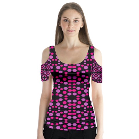 Dots Pattern Pink Butterfly Sleeve Cutout Tee  by BrightVibesDesign