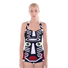 African Mask Boyleg Halter Swimsuit  by Valentinaart