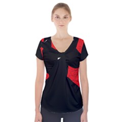 Red And Black Abstract Design Short Sleeve Front Detail Top