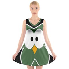 Green Owl V-neck Sleeveless Skater Dress