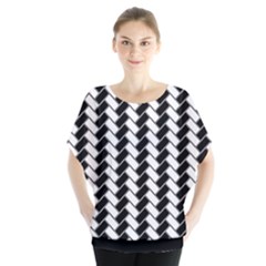 Black And White Herringbone Batwing Chiffon Blouse