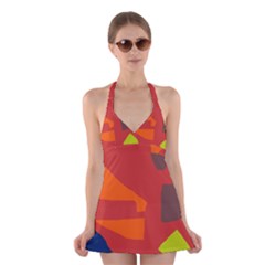 Red Abstraction Halter Swimsuit Dress by Valentinaart