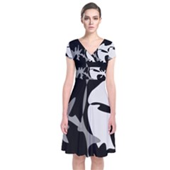 Black And White Amoeba Abstraction Short Sleeve Front Wrap Dress by Valentinaart