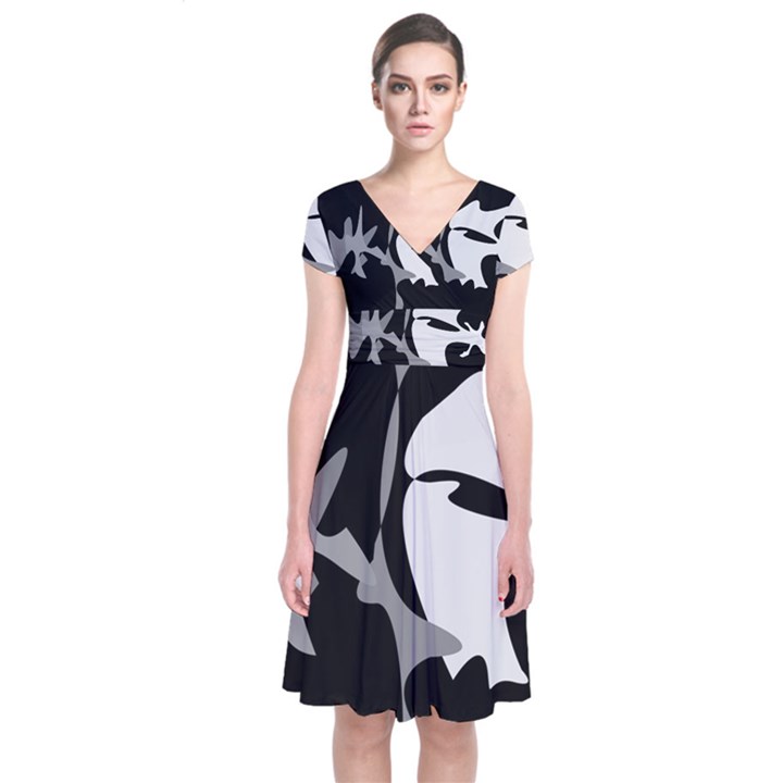 Black and white amoeba abstraction Short Sleeve Front Wrap Dress