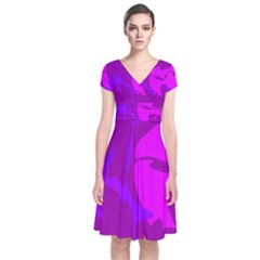 Purple, Pink And Magenta Amoeba Abstraction Short Sleeve Front Wrap Dress by Valentinaart