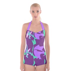 Purple Amoeba Abstraction Boyleg Halter Swimsuit  by Valentinaart