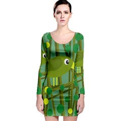 Cute Green Bird Long Sleeve Bodycon Dress by Valentinaart