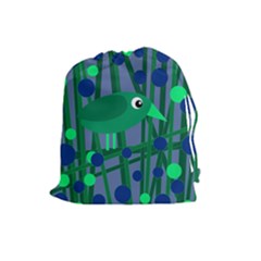 Green And Blue Bird Drawstring Pouches (large)  by Valentinaart