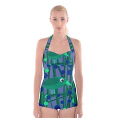 Green And Blue Bird Boyleg Halter Swimsuit  by Valentinaart