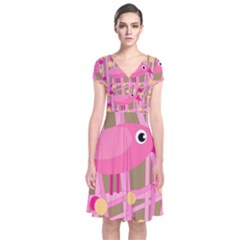 Pink Bird Short Sleeve Front Wrap Dress by Valentinaart