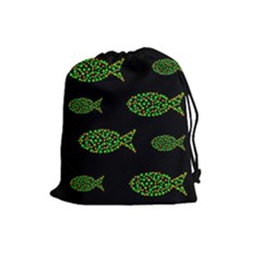 Green Fishes Pattern Drawstring Pouches (large)  by Valentinaart