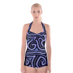 Blue abstract design Boyleg Halter Swimsuit 