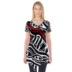 Red, Black And White Abstract Art Short Sleeve Tunic  by Valentinaart