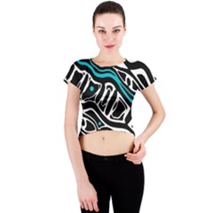 Blue, Black And White Abstract Art Crew Neck Crop Top by Valentinaart