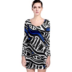 Deep Blue, Black And White Abstract Art Long Sleeve Bodycon Dress by Valentinaart