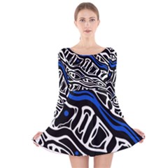 Deep Blue, Black And White Abstract Art Long Sleeve Velvet Skater Dress by Valentinaart