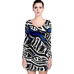 Deep Blue, Black And White Abstract Art Long Sleeve Velvet Bodycon Dress by Valentinaart