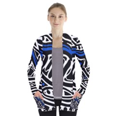 Deep Blue, Black And White Abstract Art Women s Open Front Pockets Cardigan(p194) by Valentinaart