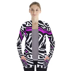 Purple, Black And White Abstract Art Women s Open Front Pockets Cardigan(p194) by Valentinaart