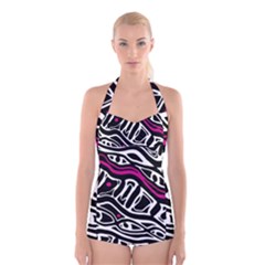 Magenta, Black And White Abstract Art Boyleg Halter Swimsuit  by Valentinaart