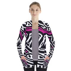 Magenta, Black And White Abstract Art Women s Open Front Pockets Cardigan(p194) by Valentinaart