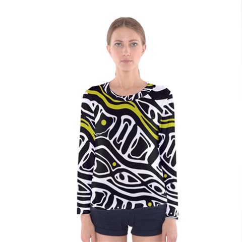 Yellow, Black And White Abstract Art Women s Long Sleeve Tee by Valentinaart