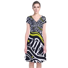 Yellow, Black And White Abstract Art Short Sleeve Front Wrap Dress