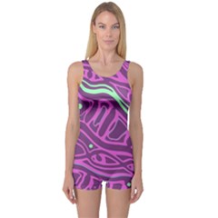 Purple And Green Abstract Art One Piece Boyleg Swimsuit by Valentinaart