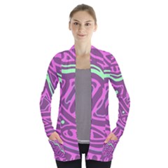 Purple And Green Abstract Art Women s Open Front Pockets Cardigan(p194) by Valentinaart