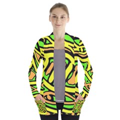 Yellow, Green And Oragne Abstract Art Women s Open Front Pockets Cardigan(p194) by Valentinaart