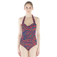 Red and green abstract art Halter Swimsuit