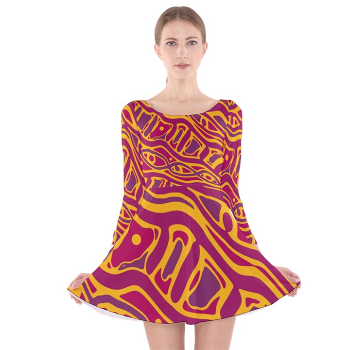 Orange abstract art Long Sleeve Velvet Skater Dress