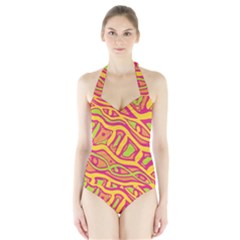 Orange Hot Abstract Art Halter Swimsuit