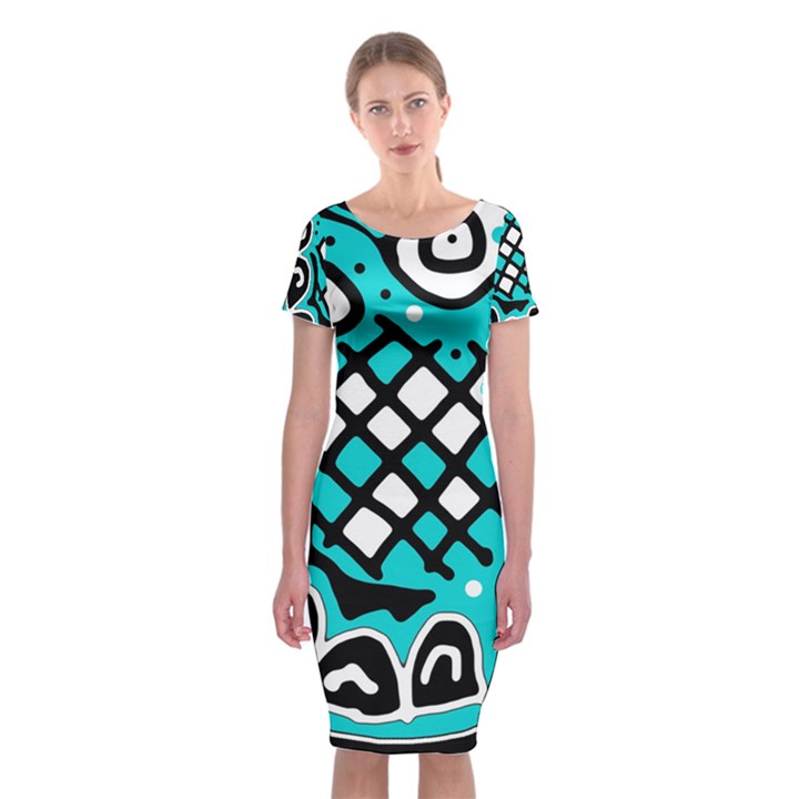 Cyan high art abstraction Classic Short Sleeve Midi Dress