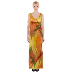 Fall Colors Leaves Pattern Maxi Thigh Split Dress by DanaeStudio