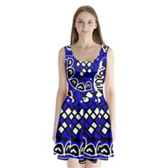 Blue High Art Abstraction Split Back Mini Dress 