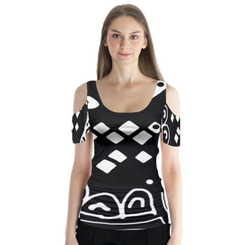 Black And White High Art Abstraction Butterfly Sleeve Cutout Tee  by Valentinaart