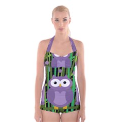 Purple Owl Boyleg Halter Swimsuit 