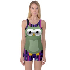 Green And Purple Owl One Piece Boyleg Swimsuit by Valentinaart