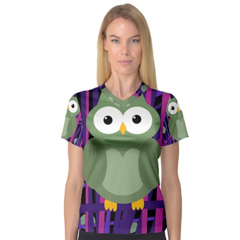 Green And Purple Owl Women s V-neck Sport Mesh Tee by Valentinaart