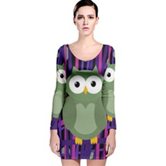 Green And Purple Owl Long Sleeve Velvet Bodycon Dress by Valentinaart