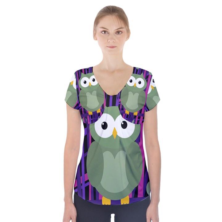 Green and purple owl Short Sleeve Front Detail Top