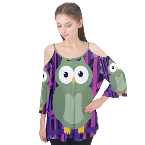 Green And Purple Owl Flutter Tees by Valentinaart