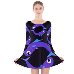 Blue Fishes Long Sleeve Velvet Skater Dress by Valentinaart