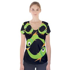 Green Fishes Short Sleeve Front Detail Top