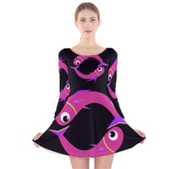 Magenta Fishes Long Sleeve Velvet Skater Dress by Valentinaart