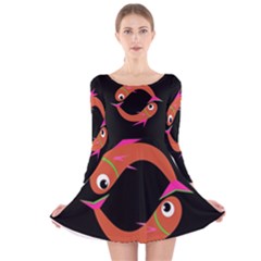 Orange Fishes Long Sleeve Velvet Skater Dress by Valentinaart