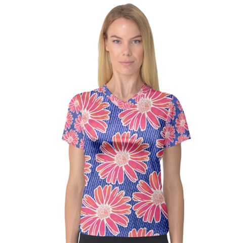 Pink Daisy Pattern Women s V-neck Sport Mesh Tee by DanaeStudio