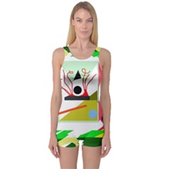 Green Abstract Artwork One Piece Boyleg Swimsuit