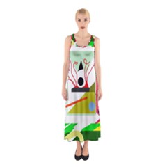 Green Abstract Artwork Sleeveless Maxi Dress